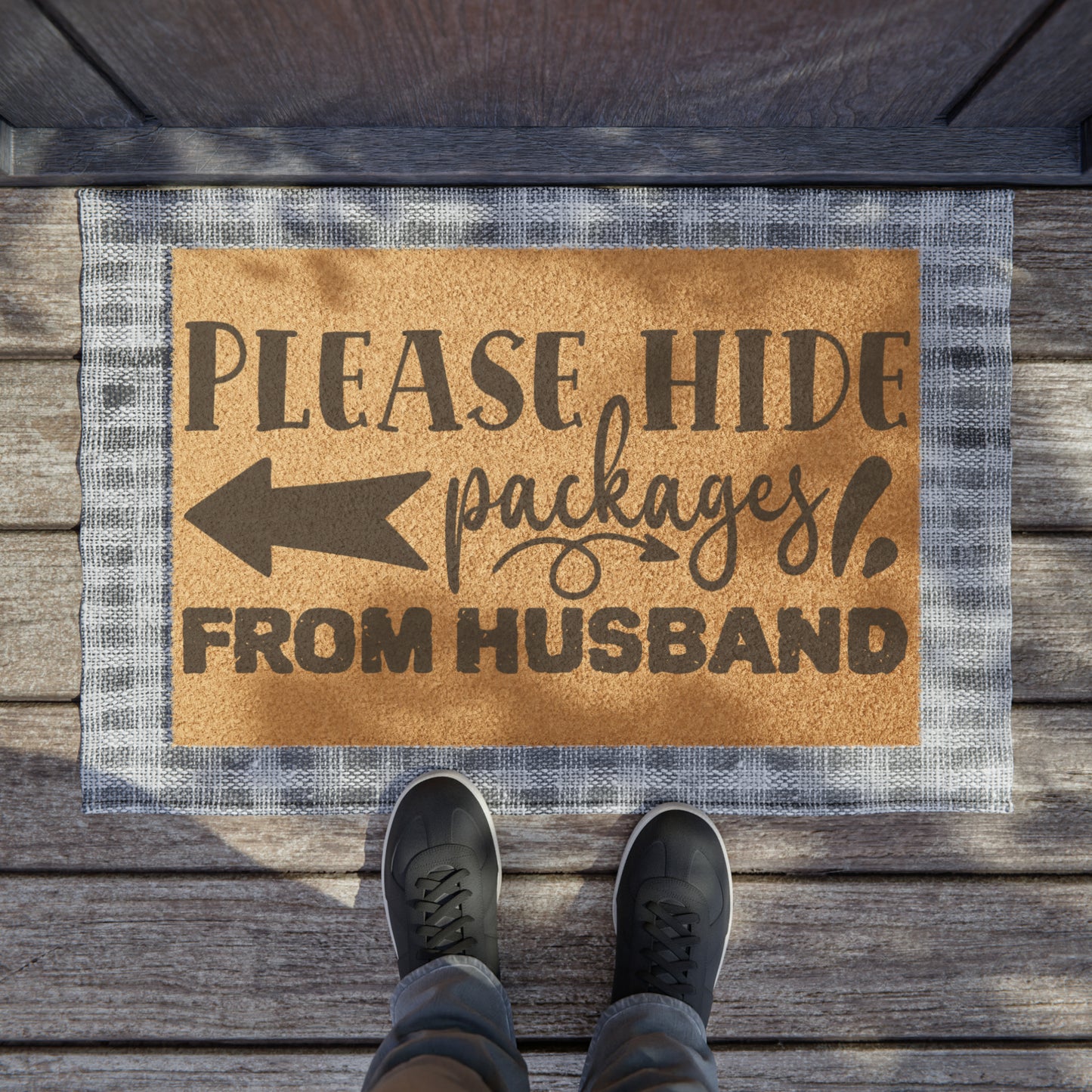 Please Hide Packages From Husband | Grade A tufted Coir Coconut Fiber Doormat | Vinyl Backing Outdoor Mat