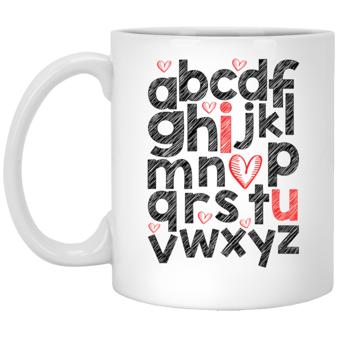 Unique Valentines Alphabet  | I Love You |11oz Accent Mug  | White